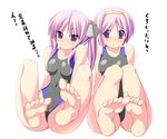  barefoot cameltoe competition_swimsuit feet hiiragi_kagami hiiragi_tsukasa long_hair lucky_star multiple_girls non-web_source one-piece_swimsuit purple_eyes purple_hair short_hair siblings sisters soles swimsuit translated twins twintails 