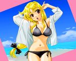  arms_behind_back beach bikini blonde_hair bow breasts cleavage day fate_testarossa hair_bow large_breasts long_hair low-tied_long_hair lyrical_nanoha mahou_shoujo_lyrical_nanoha_strikers navel ocean open_clothes open_shirt outdoors ponytail red_eyes ren-chan shirt side-tie_bikini sleeves_rolled_up swimsuit very_long_hair 