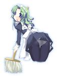  alfred apron ass blue_eyes broom fang green_hair hairband highres long_hair maid mop original panties panties_under_pantyhose pantyhose solo underwear upskirt white_panties 