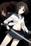  black_background blue_eyes brown_hair ga-rei ga-rei_zero isayama_yomi katana long_hair looking_at_viewer looking_back multiple_girls navel no_bra open_clothes open_shirt parted_lips pleated_skirt ponytail saipaco school_uniform shirt short_hair skirt sword torn_clothes tsuchimiya_kagura weapon 