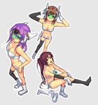  asymmetrical_clothes bad_id bad_pixiv_id boots breasts brown_hair cleavage elbow_gloves gloves large_breasts medium_breasts midriff multiple_girls navel original purple_hair shoes shorts single_shoe single_thighhigh thighhighs yuuji_(and) 