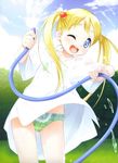  ;d artist_request blonde_hair blue_eyes bow bow_panties day dengeki green_panties hair_bobbles hair_ornament hose jpeg_artifacts looking_at_viewer one_eye_closed open_mouth panties plaid plaid_panties see-through shirt sky smile solo twintails underwear water wet wet_clothes white_shirt 