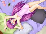  bad_id bad_pixiv_id bed blue_eyes blush breasts cleavage hair_ornament ichirou little_busters! long_hair medium_breasts naked_towel pink_hair purple_hair saigusa_haruka smile solo towel 