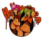  beatmania beatmania_iidx bemani blush dera-x!! green_eyes green_hair halloween hat kitami_erika lace multiple_girls navel nyah panties pink_eyes pink_hair ponytail thighhighs underwear 