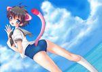  animal_ears antenna_hair ass bad_id bad_pixiv_id black_hair blue_eyes cloud day idolmaster idolmaster_(classic) idolmaster_1 kikuchi_makoto koari no_pants one-piece_swimsuit school_swimsuit school_uniform serafuku short_hair solo summer_days_school_(idolmaster) swimsuit swimsuit_under_clothes tail water 