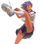  baseball baseball_mitt black_eyes crop_top crop_top_overhang cross-laced_footwear floating_hair hair_between_eyes kneehighs leg_lift leg_up legs looking_away looking_to_the_side miniskirt nansui_kinoko original own_hands_together panties pantyshot purple_hair school_uniform serafuku shoe_soles shoes short_hair short_sleeves simple_background skirt sneakers solo sport standing standing_on_one_leg tan throwing underwear upskirt white_background white_legwear white_panties 