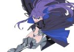  &gt;:) 1girl 4410_(kanimiso) armor blue_eyes blue_ribbon coat crotch_plate fate/extra fate/extra_ccc fate/grand_order fate_(series) faulds highres long_hair meltlilith midriff navel open_mouth purple_hair ribbon simple_background sleeves_past_wrists solo spikes white_background 