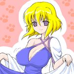  blonde_hair breasts cleavage dress gundam gundam_seed gundam_seed_destiny huge_breasts lowres miyata_gakuman purple_eyes short_hair solo source_request stellar_loussier 