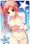  blue_eyes breasts cleavage highres large_breasts long_hair open_clothes open_shirt panties pink_hair shirahane_nao shirt solo underwear 