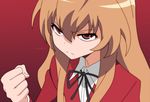  aisaka_taiga angry blazer brown_hair clenched_hand cloudsend highres jacket red_background red_eyes shaded_face sidelocks simple_background solo toradora! upper_body vector_trace 