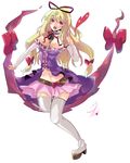  belt between_breasts blonde_hair breasts cleavage elbow_gloves gap gloves hair_ribbon idol large_breasts long_hair microphone midriff miniskirt purple_eyes ribbon skirt solo thighhighs touhou yakumo_yukari zen_(raspberry) 