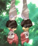  ass hanging kanokon long_hair multiple_girls nanao_ai nanao_ren panties pink_panties purple_eyes red_hair school_uniform screencap siblings side_ponytail stitched third-party_edit twins underwear upside-down 