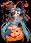  2008 bad_id bad_pixiv_id blue_hair halloween hatsune_miku jack-o'-lantern long_hair masyu one_eye_closed orange_panties panties pantyshot pumpkin skirt skirt_lift solo striped striped_panties thighhighs underwear very_long_hair vocaloid 