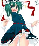  animal_print asymmetrical_clothes bad_id bad_pixiv_id bear_panties bear_print blush front-print_panties green_eyes green_hair hat panties print_panties ribbon roro_(iwawawa) shiki_eiki short_hair solo touhou underwear 