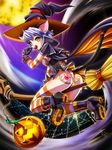  animal_ears ass bad_id bad_pixiv_id blue_hair broom broom_riding candy cat_ears cat_tail earrings elbow_gloves food gloves hat jewelry licking lollipop moon neko_coon original panties pumpkin short_hair solo striped striped_legwear striped_panties tail tattoo thighhighs tongue underwear witch_hat yellow_eyes 
