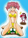  1girl 2boys :d barefoot bikini blood blush breasts breasts_apart buckle cleavage feet girl_on_top giroro halftone halftone_background hand_on_another's_head hat hinata_natsumi keroro keroro_gunsou kihara_mako large_breasts light_smile looking_at_viewer multiple_boys navel no_pupils nosebleed open_mouth pink_hair red_eyes scar shadow short_hair short_twintails sitting sitting_on_person size_difference smile star straddling surprised swimsuit twintails v_arms yellow_bikini 