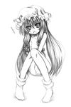  bow breasts crescent greyscale hair_bow hair_ribbon hat kurona long_hair monochrome nipples nude patchouli_knowledge ribbon small_breasts socks solo touhou 