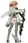  aircraft airplane ass blue_eyes blush_stickers bow brown_hair copyright_request green_legwear gun hair_bow jet long_hair looking_at_viewer looking_back mecha_musume military panties red_bow ribbon solo soukaa_(golden_sash) thighhighs tornado_(airplane) underwear weapon white_background 