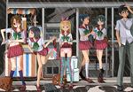  5girls bag katou_kouki long_hair multiple_girls navel original panties rain satchel school_bag school_uniform serafuku skirt skirt_lift thighhighs underwear wet 