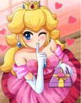  blonde_hair blue_eyes blush breasts chocolate cleavage crown dress earrings elbow_gloves gloves heart jewelry long_hair lowres mario_(series) md5_mismatch medium_breasts one_eye_closed pink_dress princess_peach resized sigurd_hosenfeld solo super_mario_bros. upscaled 