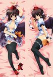  bed black_wings breasts breasts_apart brown_hair dakimakura fan geta hat hauchiwa legs medium_breasts multiple_views nipples open_clothes open_shirt panties panty_pull red_eyes shameimaru_aya shirt shoes single_shoe skirt socks tengu-geta thighhighs touhou underwear undressing wings zixia_(msl) 