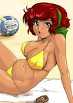  bare_shoulders beach bikini blue_eyes breasts cleavage collarbone dark_skin large_breasts lotion midriff navel open_mouth red_hair ribbon ricarla_borgnine shiny shiny_skin shu-z sideboob sitting solo sunscreen super_robot_wars swimsuit towel volleyball 