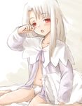  artist_request barefoot bed fate/hollow_ataraxia fate/stay_night fate_(series) illyasviel_von_einzbern long_hair midriff no_pants open_clothes open_shirt pajamas panties pillow red_eyes shirt silver_hair sketch sleepy solo underwear white_hair yawning 