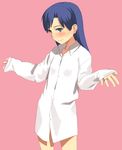  blue_hair blush bottomless covered_nipples dress_shirt flat_chest grey_eyes idolmaster idolmaster_(classic) idolmaster_1 jewelry kisaragi_chihaya long_sleeves naked_shirt outstretched_arms pink_background ring shirt shrug simple_background sleeves_past_wrists smile solo spread_arms standing yu_65026 