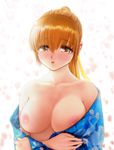  blush breasts brown_eyes brown_hair dead_or_alive ebina_souichi japanese_clothes kasumi_(doa) kasumi_mania_3 large_breasts nipples petals ponytail solo 