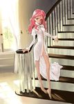  artist_request barefoot copyright_request curtains dress long_hair no_panties non-web_source pink_hair purple_hair railing solo stairs thighs 