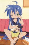  absurdres ahoge barefoot blue_hair comp_h's feet game_console green_eyes highres horiguchi_yukiko izumi_konata long_hair lucky_star non-web_source official_art one_eye_closed playing_games playstation_2 scan shorts sitting sleepy soles solo tissue_box toes very_long_hair video_game 