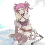  bad_id bad_pixiv_id bare_shoulders belt boots breasts bustier cleavage dark_hunter drill_hair elbow_gloves fur gloves kneeling kno_(anahita) lingerie medium_breasts midriff navel pink_eyes pink_hair ribbon sekaiju_no_meikyuu shawl short_shorts shorts solo thigh_boots thighhighs underwear whip 