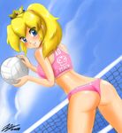  ass bikini blonde_hair blue_eyes blush crown day john_joseco mario_(series) midriff princess_peach signature smile solo sports_bra super_mario_bros. swimsuit volleyball 