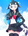  1girl black_hair blowhole blue_eyes blue_hair blush bow bowtie commentary_request cowboy_shot dolphin_tail dorsal_fin elbow_gloves eyebrows_visible_through_hair finger_to_mouth gloves hand_on_hip kemono_friends killer_whale_(kemono_friends)_(totokichi) long_hair multicolored_hair one_eye_closed orca_(kemono_friends)_(kmfr) original pleated_skirt sailor_collar short_sleeves skirt sky smile solo sparkle thighhighs totokichi white_hair zettai_ryouiki 