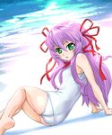  al_azif demonbane green_eyes hair_ribbon long_hair one-piece_swimsuit purple_hair ribbon school_swimsuit solo swimsuit ueyama_michirou white_school_swimsuit white_swimsuit 