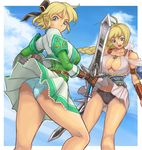  armor ass bad_id bad_pixiv_id black_panties blonde_hair blue_eyes blue_panties braid breasts cassandra_alexandra cleavage ibanen large_breasts looking_back multiple_girls panties short_hair siblings single_braid skirt skirt_lift sophitia_alexandra soulcalibur sword underwear weapon wind wind_lift 