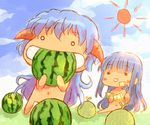  eating food fruit furude_rika hanyuu higurashi_no_naku_koro_ni horns lavender_hair long_hair md5_mismatch multiple_girls navel nekokun nude sitting solid_circle_eyes stomach sun very_long_hair watermelon 