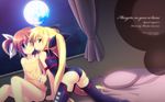  ass blonde_hair blue_eyes blush fate_testarossa hair_ribbon highres kazekawa_nagi lyrical_nanoha mahou_shoujo_lyrical_nanoha moon multiple_girls one_eye_closed red_eyes ribbon takamachi_nanoha thighhighs wallpaper window yuri 