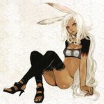  animal_ears ass bad_id bad_pixiv_id black_panties breasts bunny_ears cleavage dark_skin final_fantasy final_fantasy_xii fran high_heels kno_(anahita) long_hair medium_breasts midriff panties red_eyes shoes sitting solo thighhighs thong underwear viera white_hair 