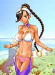  bikini_top braid breasts brown_hair cleavage earrings gypsy harem_outfit jewelry large_breasts md5_mismatch power_stone red_eyes rouge_(power_stone) solo ueyama_michirou 