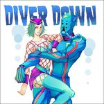  bad_id bad_pixiv_id belt border diver_down_(stand) fishnets genderswap genderswap_(mtf) green_hair green_lipstick hat holding horns jojo_no_kimyou_na_bouken lipstick makeup narciso_anasui purple_eyes shiemasu skirt stand_(jojo) stone_ocean thighhighs wristband 