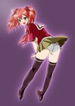  blush fangs green_eyes highres kamoroosaazu legs panties pantyshot plaid plaid_skirt red_hair rosario+vampire school_uniform shuzen_kokoa side-tie_panties skirt solo thighhighs twintails underwear white_panties 