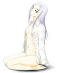  bad_id bad_pixiv_id barefoot bottomless flat_chest gundam gundam_00 hair_in_mouth kneeling long_hair marie_parfacy navel no_bra open_clothes open_shirt shirt silver_hair solo soma_peries takaoka_aoi yellow_eyes 