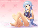  bangs barefoot blue_hair blunt_bangs hair_tubes hairband kannagi kazuma_muramasa long_hair nagi panties purple_eyes sitting solo underwear white_panties 