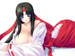  black_hair breasts cleavage hakama headband huge_breasts japanese_clothes kinosaki kinosaki_yuki long_hair miko no_bra purple_eyes queen's_blade red_hakama ribbon solo tomoe 