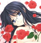  azuma_yuki black_eyes black_hair flower glasses imai_yuka_(mama_wa_doukyuusei) lying mama_wa_doukyuusei red_flower red_rose rose solo topless 