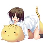  blush brown_eyes brown_hair cat footwear genderswap hug little_busters! masayu naoe_riki open_shirt short_hair socks 