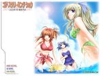  beach bikini blonde_hair blue_eyes blue_hair breasts cleavage day gore_screaming_show hair_ribbon kazuyagi_akane medium_breasts misono_kiika multiple_girls namiki_aoi outdoors red_eyes red_hair ribbon side-tie_bikini small_breasts swimsuit ueda_metawo wallpaper yellow_eyes 