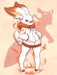  2019 ambiguous_gender anthro anthrofied bandage clothed clothing digital_media_(artwork) fire fire_aura fur hi_res hoodie lagomorph looking_at_viewer mammal nintendo pok&eacute;mon pok&eacute;mon_(species) pok&eacute;morph scorbunny secretly_saucy smile solo video_games white_fur 