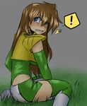  1girl bad_id bad_pixiv_id blue_eyes boots breasts brown_hair detached_sleeves genderswap genderswap_(mtf) grass kurodora666 large_breasts long_hair looking_back shishiou_gai shorts sitting solo sweatdrop tears teeth thighhighs vest yuusha_ou_gaogaigar yuusha_series 